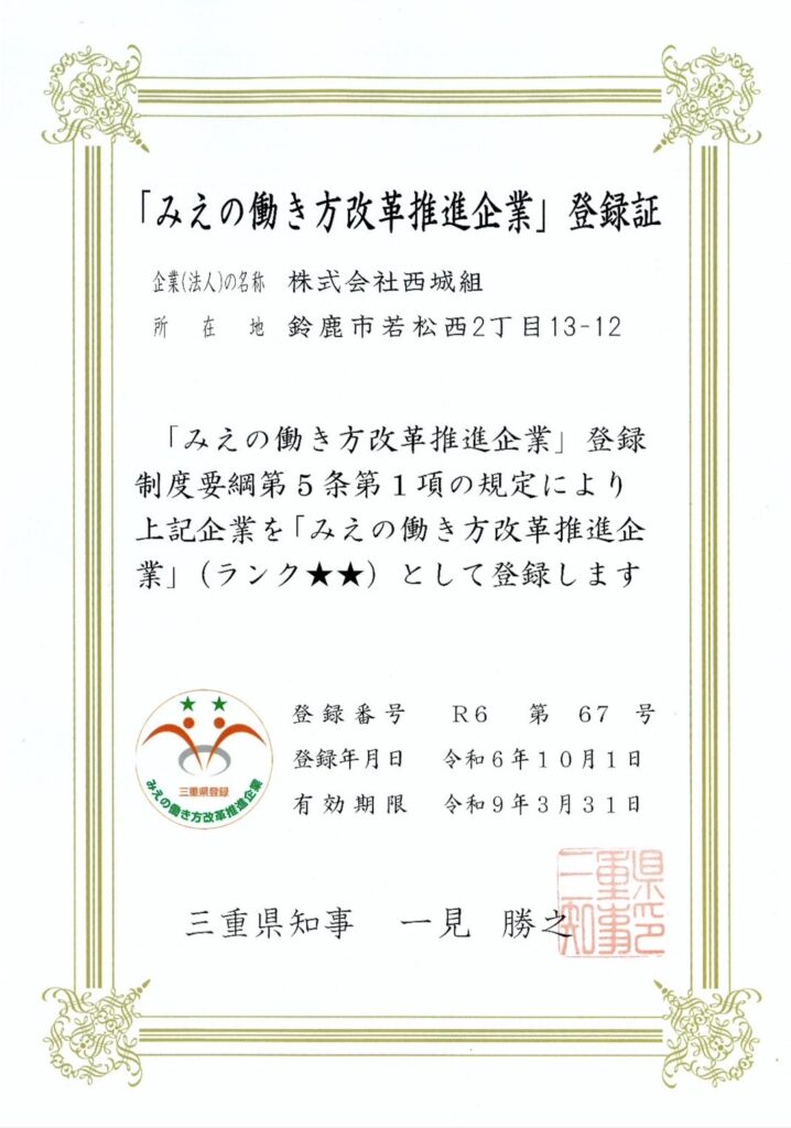 みえの働き方改革推進企業 三重県 鈴鹿市 建設会社 土木 土木工事 造成工事 道路工事 宅地造成 河川工事 堰堤工事 舗装工事 排水路工事 擁壁工事 整地 重機
